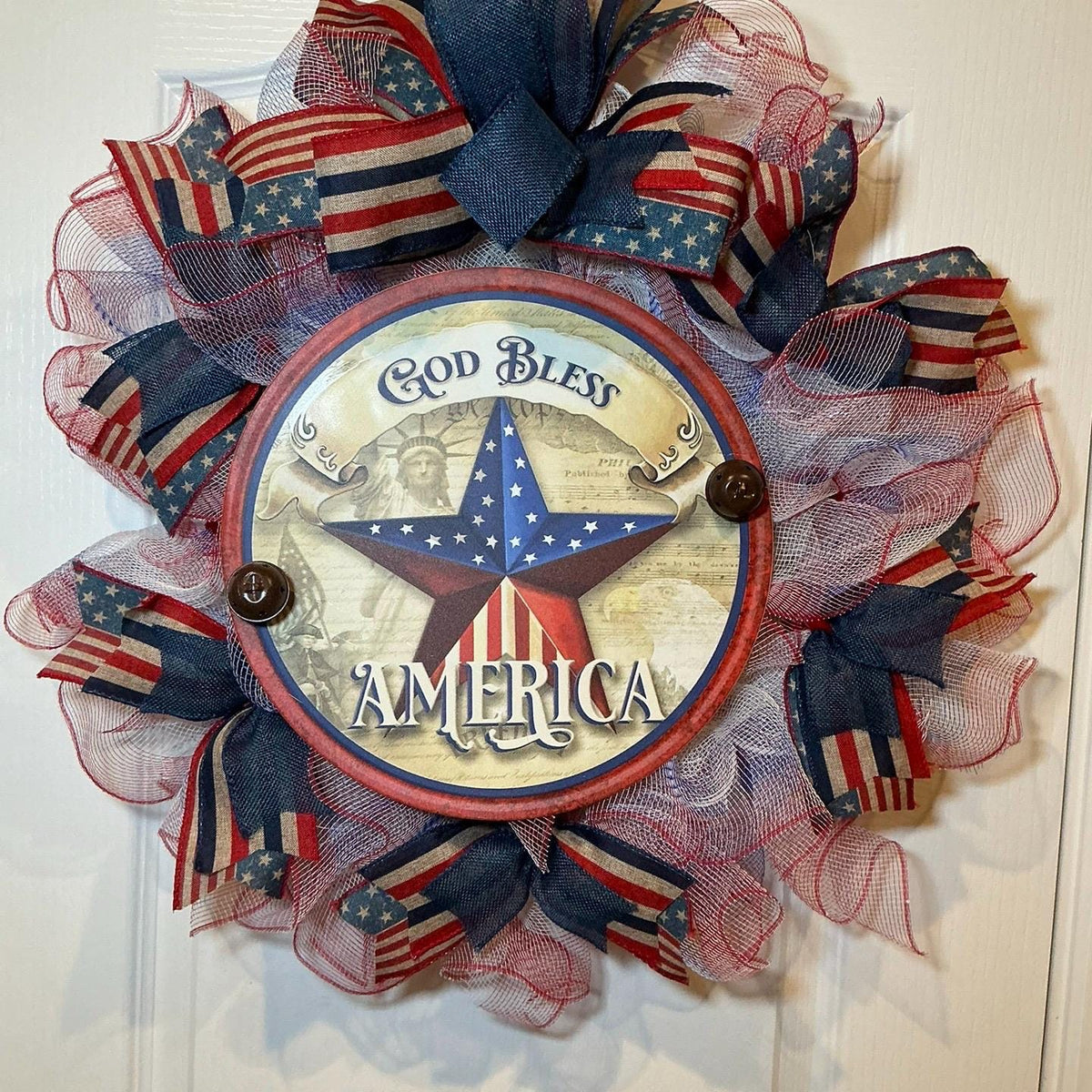 Star Sign deco mesh Wreath, God Bless America Fourth of July Red White Blue, 14 Inch Independence Day Handmade NC