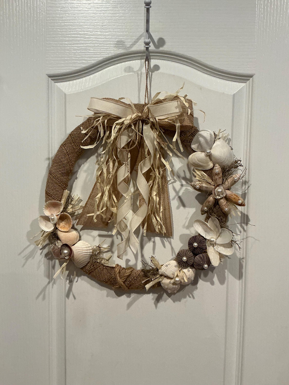 Seashell Wreath, Coastal Farmhouse Style, Pearl Accents, Burlap Raffia Door Decor