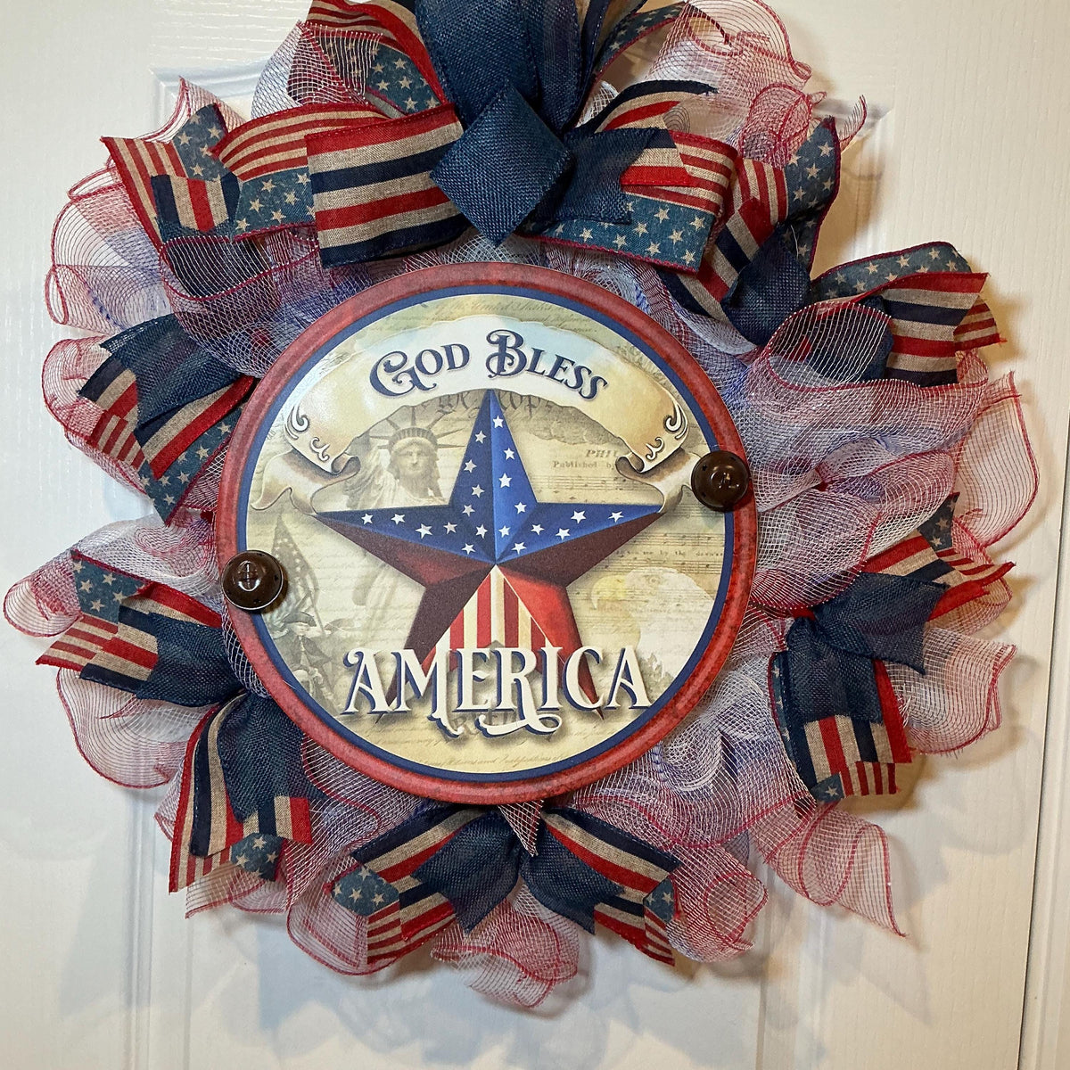 Star Sign deco mesh Wreath, God Bless America Fourth of July Red White Blue, 14 Inch Independence Day Handmade NC
