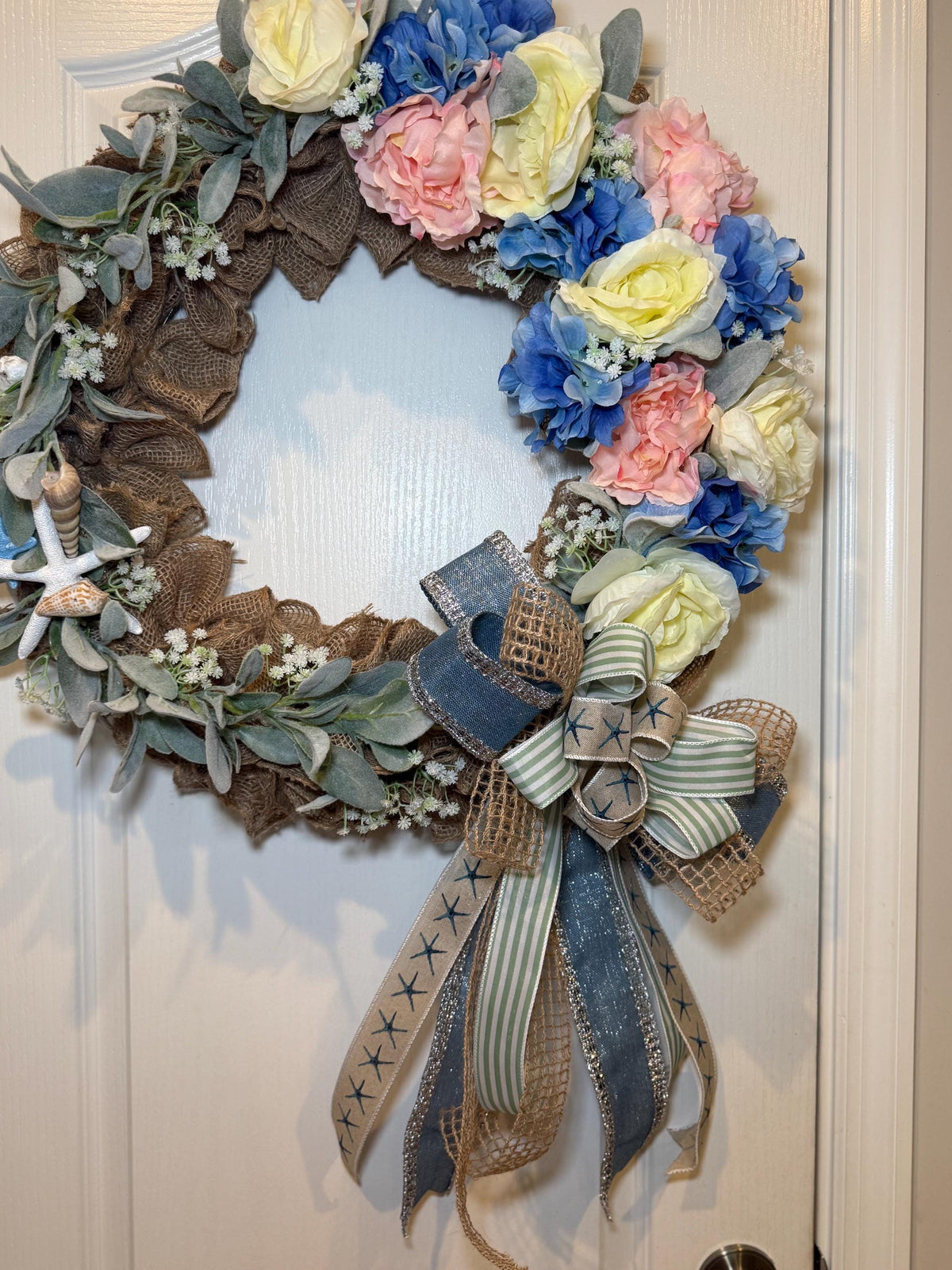 Burlap Hydrangea Coastal Wreath with Seashells, Starfish and Lambs Ear, Front Door Decor