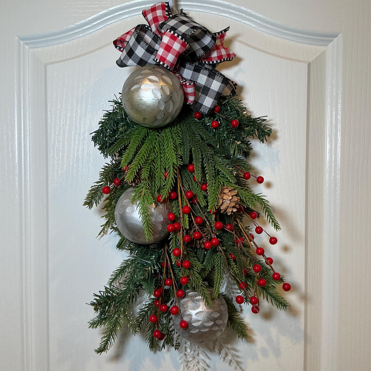 Handmade Christmas Teardrop Swag, Buffalo Check Ribbon, Pine Cones, Berries