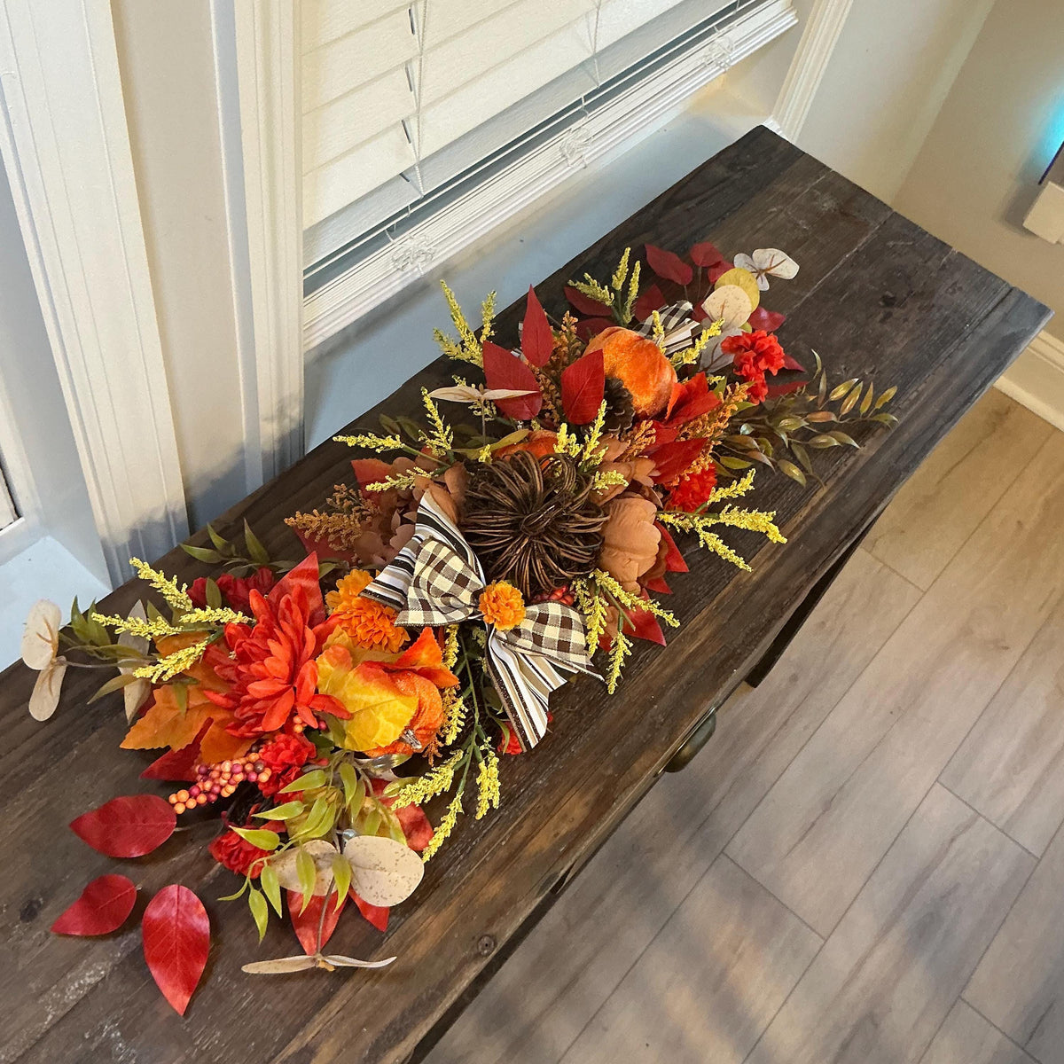 Pumpkin Fall Floral Swag, 28 Inch Buffalo Check Bow Door or Mantel Decor