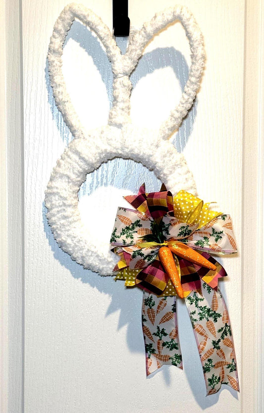 Handmade Chunky Yarn Bunny Wreath, Glitter Carrots Easter Decor