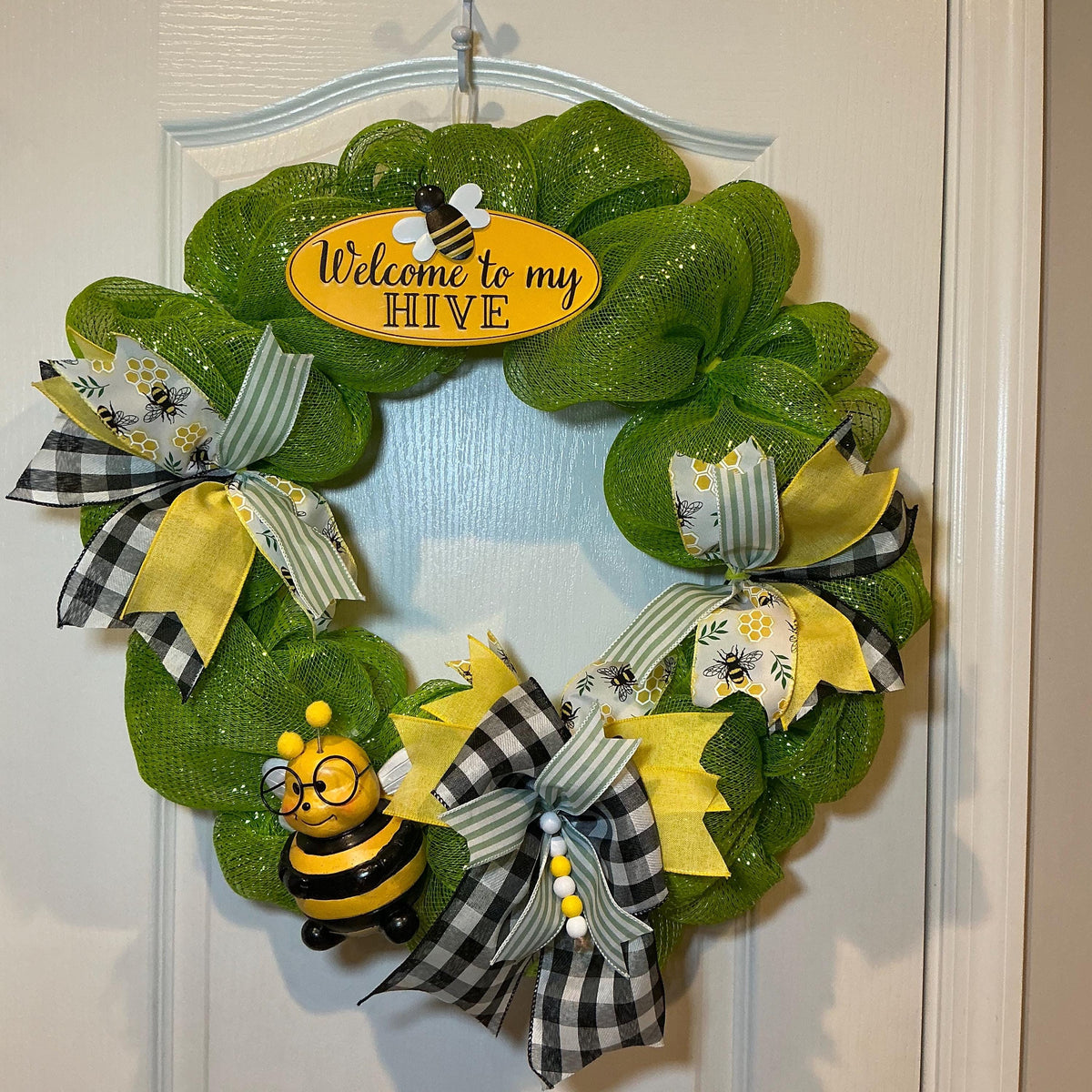 Welcome to My Hive Wreath, Bumble Bee & Buffalo Plaid Spring Summer Door Decor.