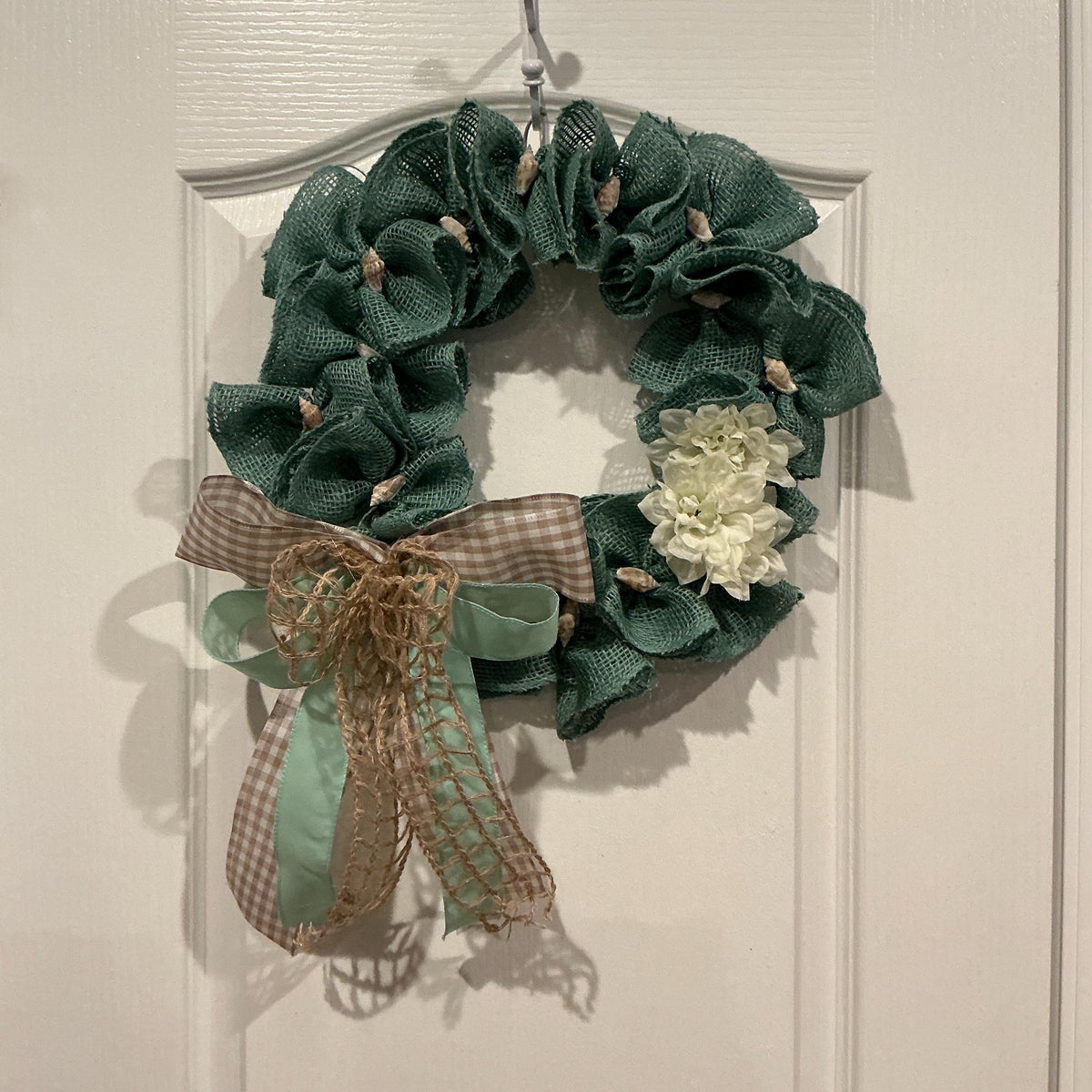 Teal Burlap Coastal Wreath with Dahlia, Seashells and Gingham Bow, Beach House Decor