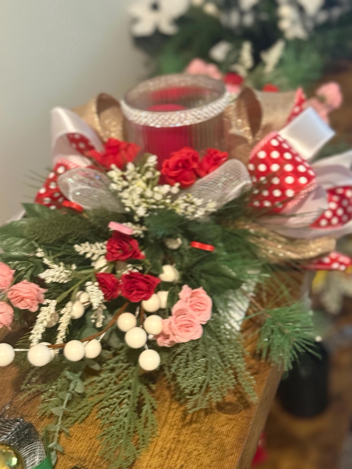 Floral Valentine Candle Centerpiece, Red Polka Dot Bow, Farmhouse Table Decor