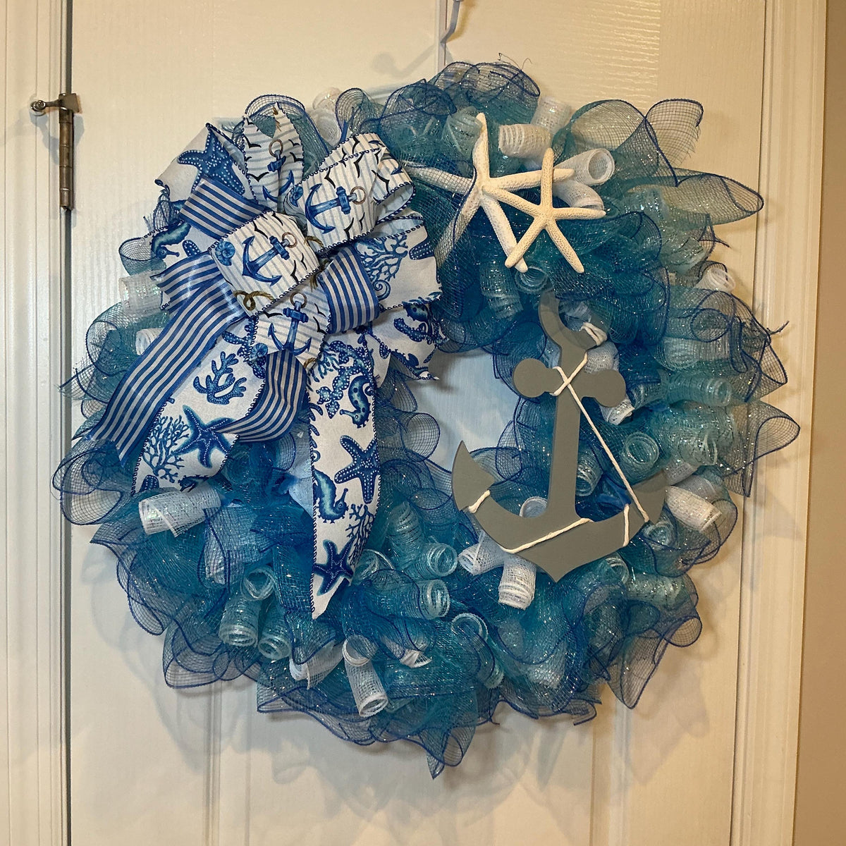 Nautical Anchor Door Wreath, Coastal Deco Mesh, Beach House Front Door Decor, Ocean Themed Porch Decor