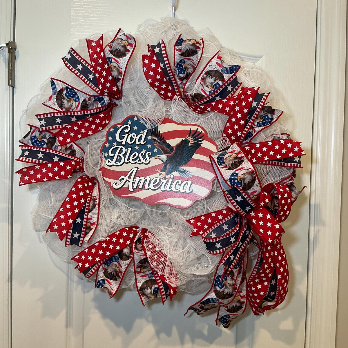 God Bless America Wreath, Fourth of July Front Door Decor, Bald Eagle Sign, Red White Blue Memorial Day Americana Wreath