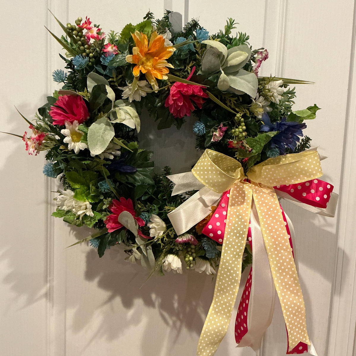 Wildflower Wreath, Red Orange Blue Floral Decor, Farmhouse Front Door Wreath, Housewarming Gift, Handmade