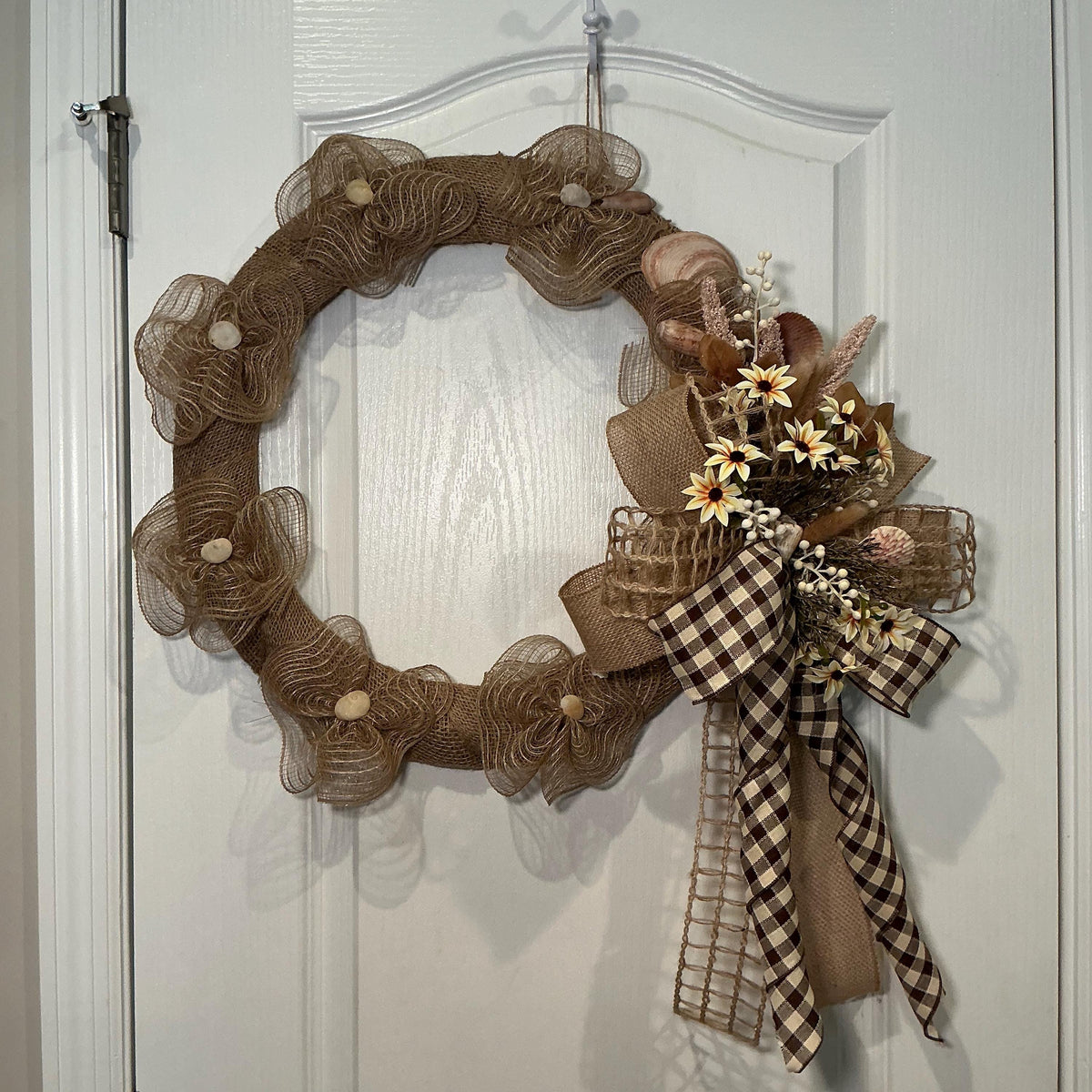 Coastal Neutral Wreath Metal Frame Burlap Shells Farmhouse Beach Decor Year Round Front Door