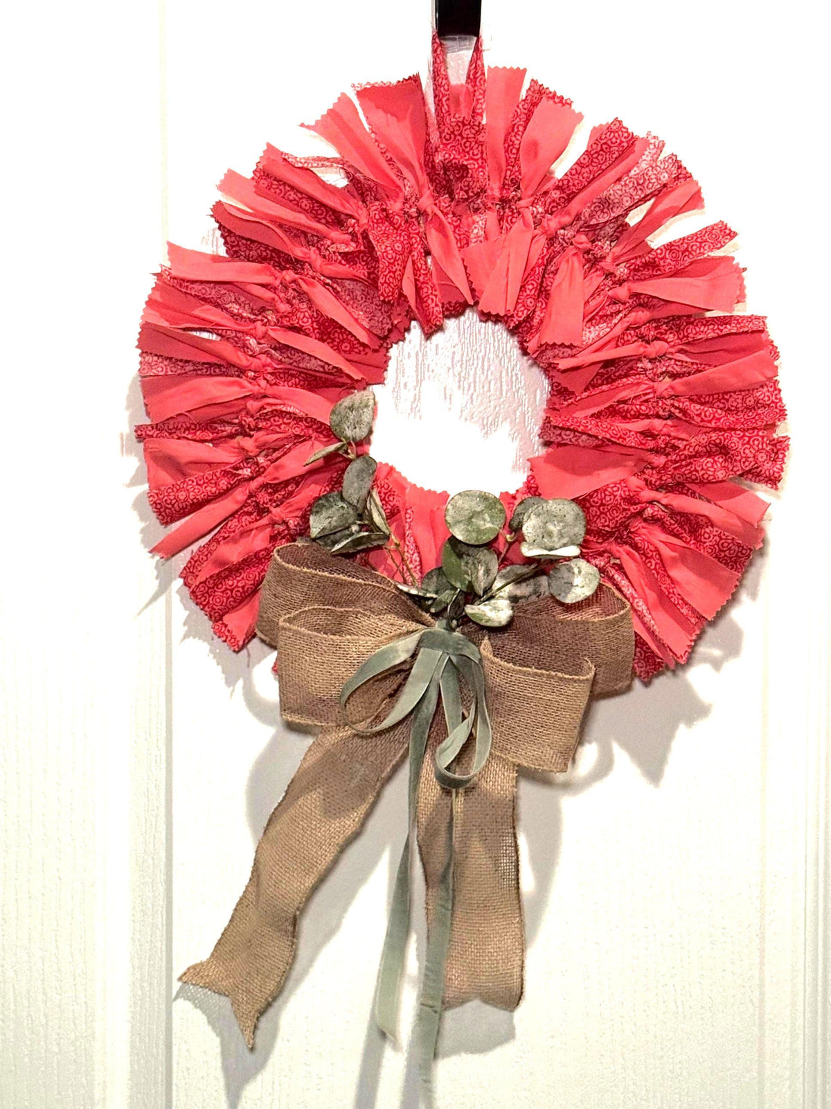 13 Inch Coral Red Fabric Rag Wreath with Burlap Bow, Rustic Farmhouse Door Decor