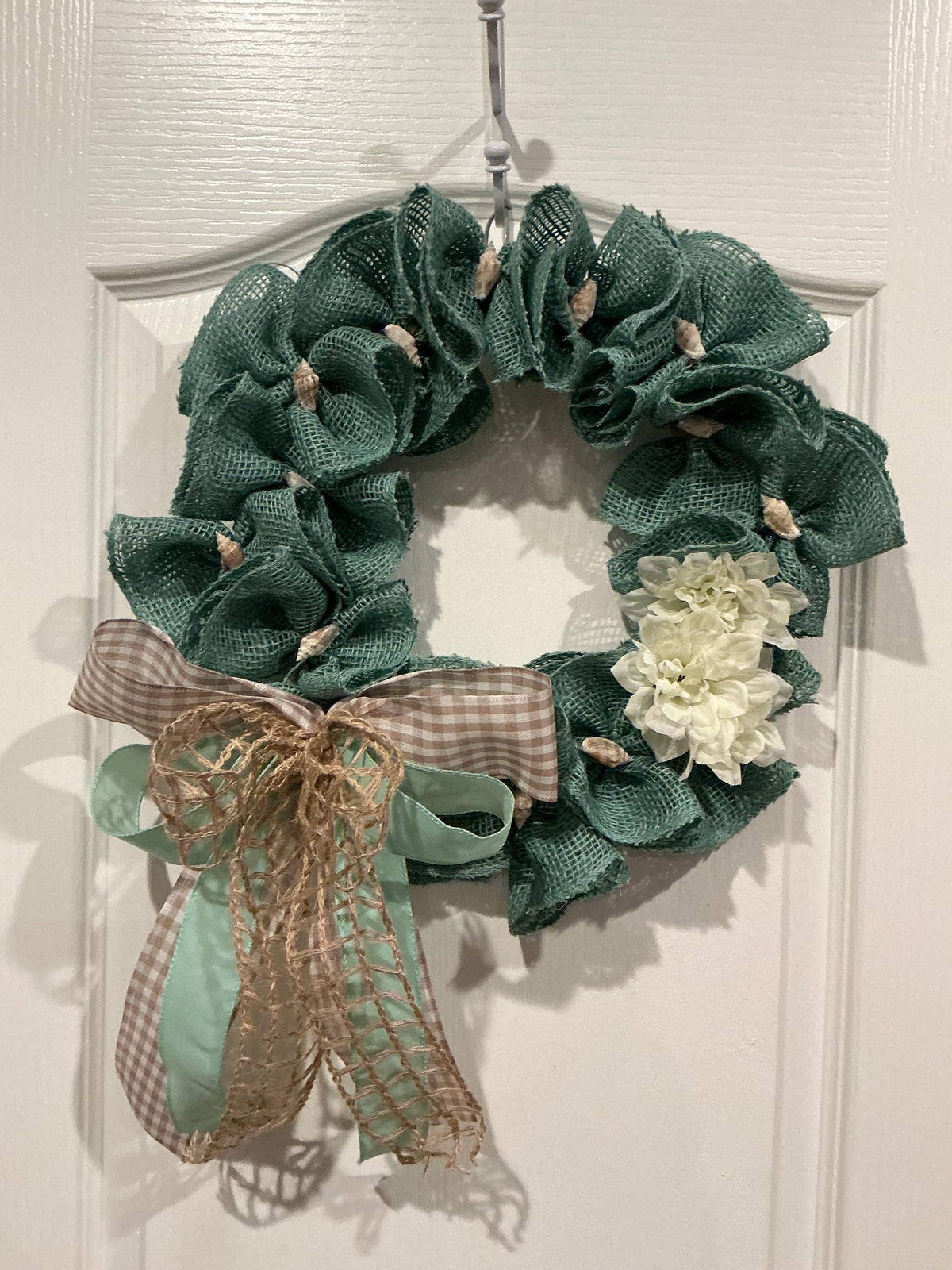 Teal Burlap Coastal Wreath with Dahlia, Seashells and Gingham Bow, Beach House Decor