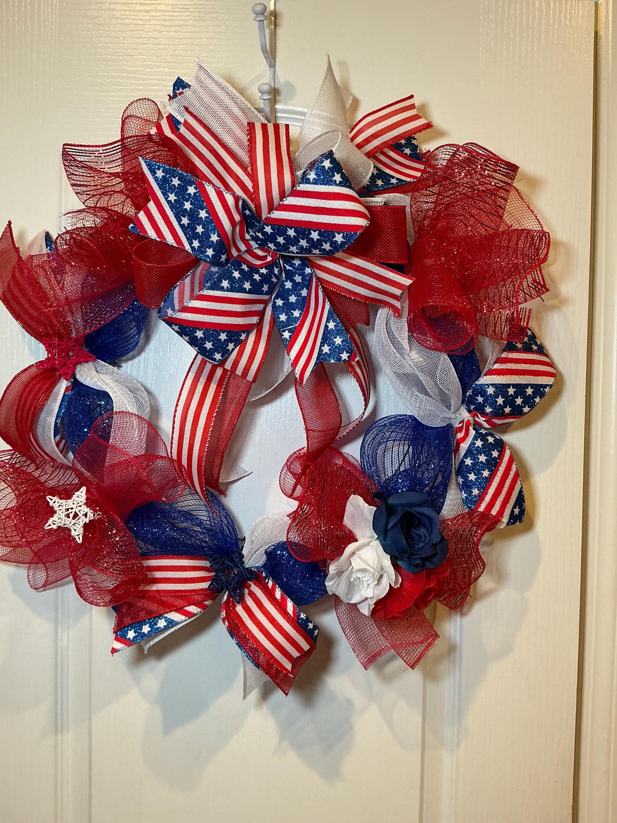 Red White Blue Flag Bow Rose Wreath, Stars and Stripes Americana Door Decor