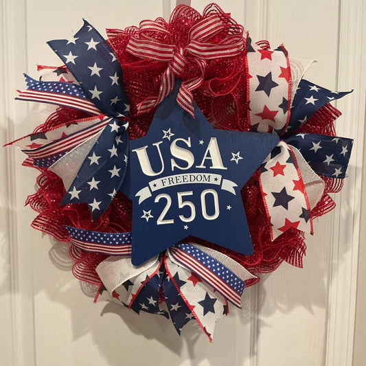 USA 250th Anniversary Wreath, Red White Blue Americana Front Door Decor