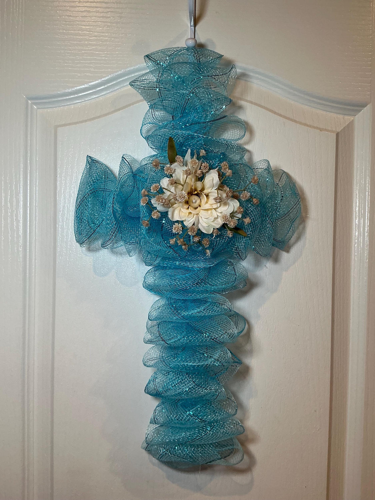 Sky Blue Cross, Ivory Floral Faith Decor, Handmade Church Door Wall Hanging