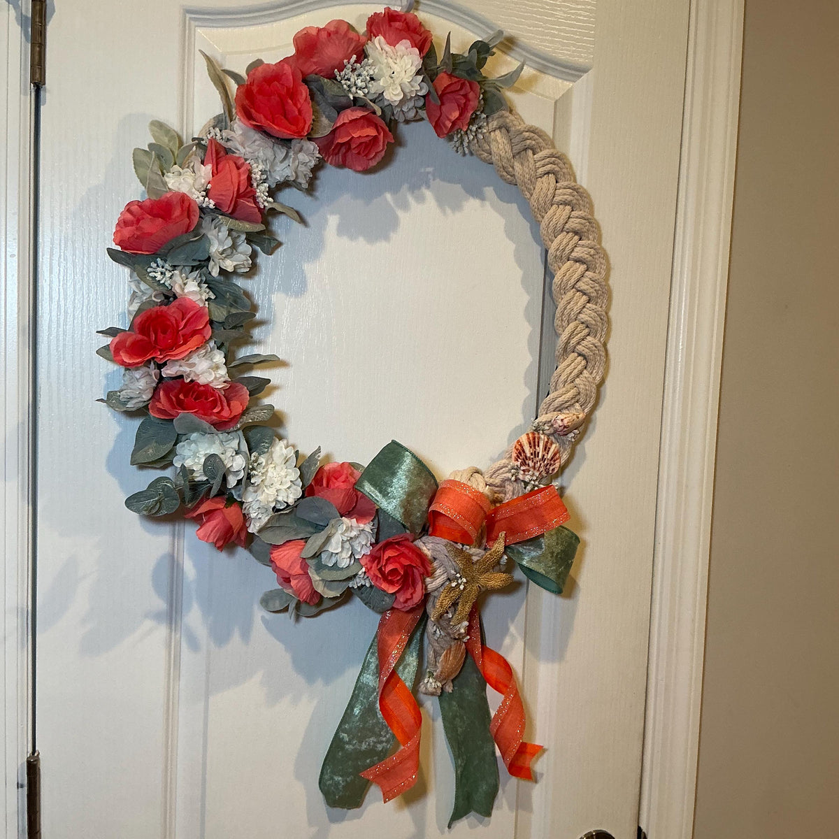 Handmade Coral Rose Coastal Wreath, Rope Nautical Beach Decor, Seashell Starfish Front Door Wreath