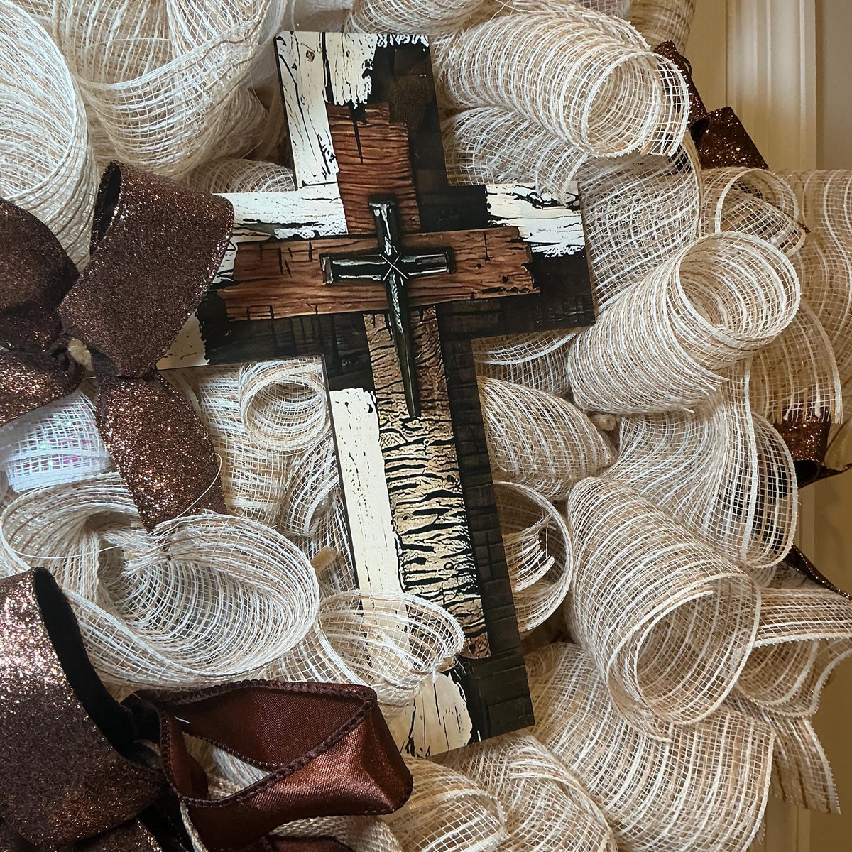 Brown Cream Cross Wreath, Rustic Farmhouse Faith Decor, Religious Christian Church Entryway Sign