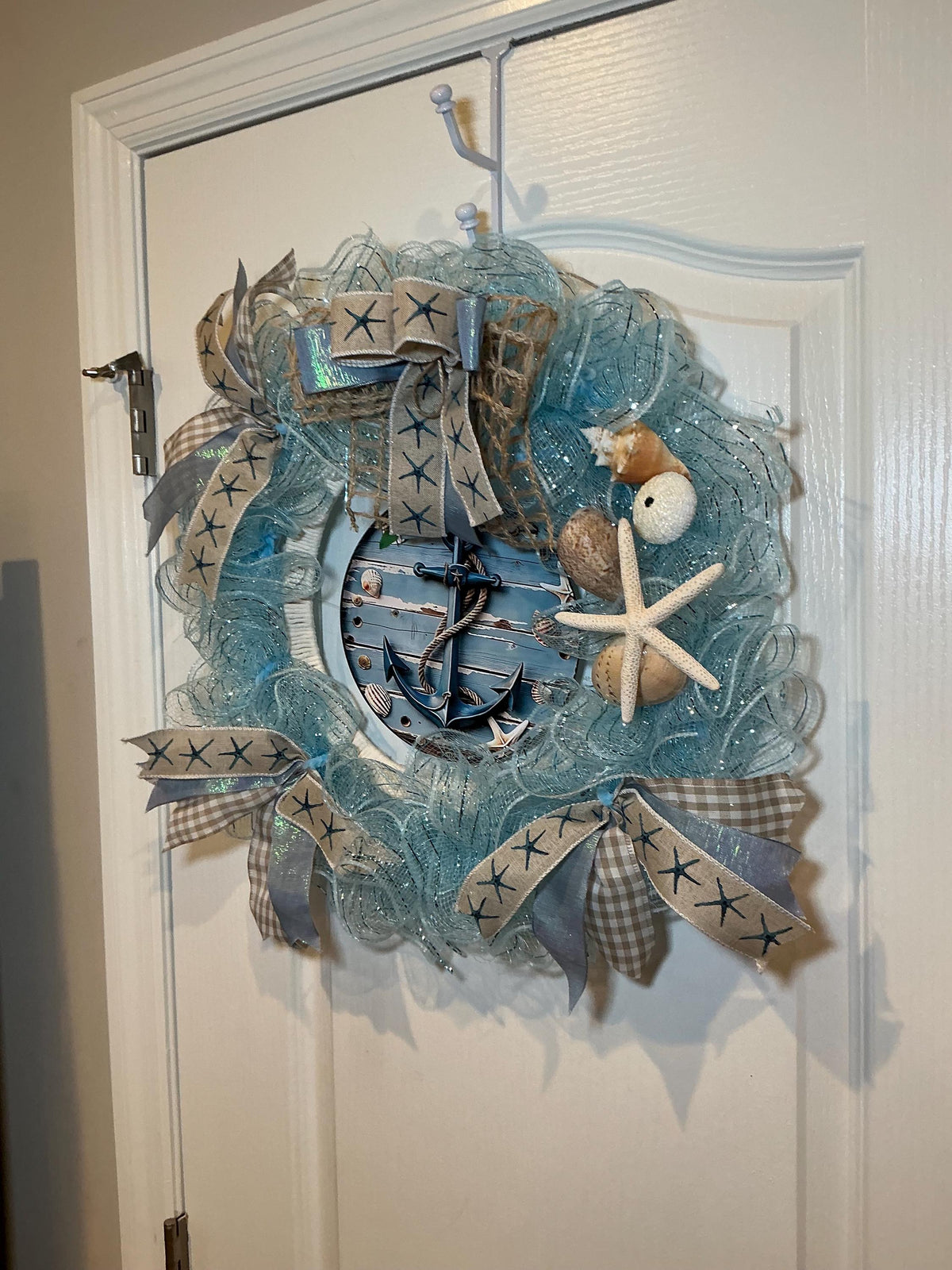 Ocean Blue Coastal Seashell Wreath with Starfish and Rope, Summer Front Door Decor