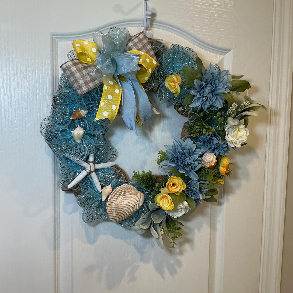 Heart Shaped Coastal Wreath with Dahlia, Ranunculus, Seashells and Starfish, Storm Door Decor