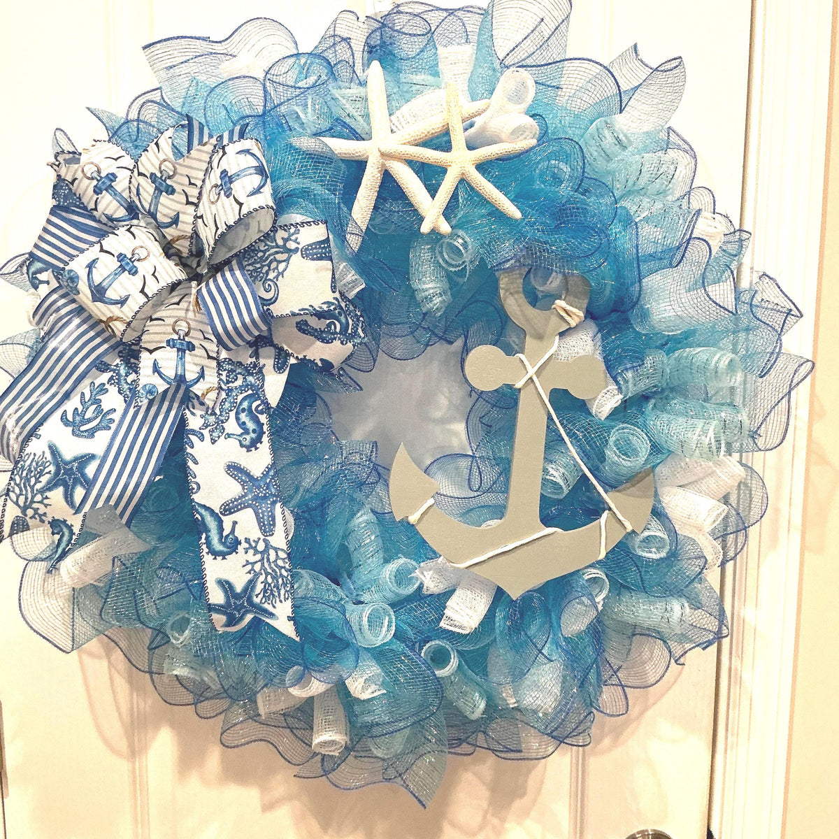 Nautical Anchor Door Wreath, Coastal Deco Mesh, Beach House Front Door Decor, Ocean Themed Porch Decor