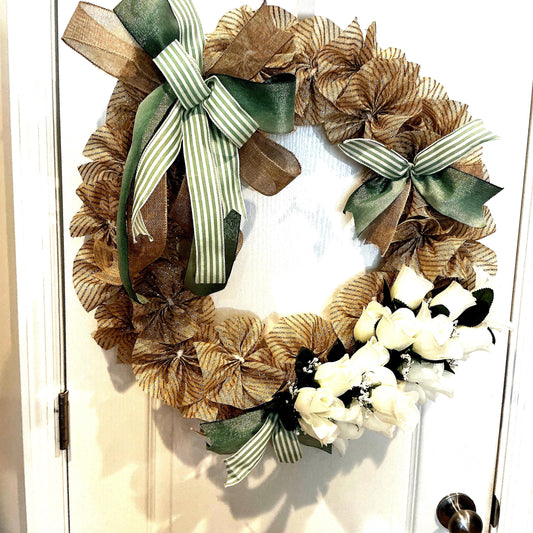 20 Inch Gold Burlap Rosette Wreath with White Roses and Sage Green Bow