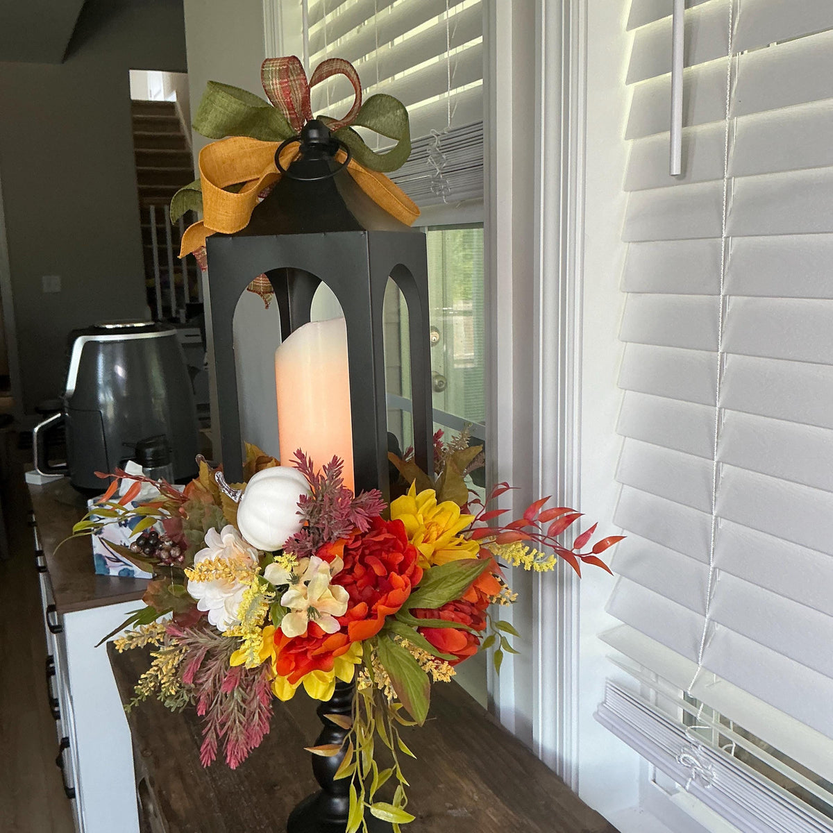 Fall Lantern Centerpiece, Autumn Table Decor, Pumpkin Floral Arrangement, Farmhouse Fall Decor, Thanksgiving Centerpiece, Handmade Fall Home