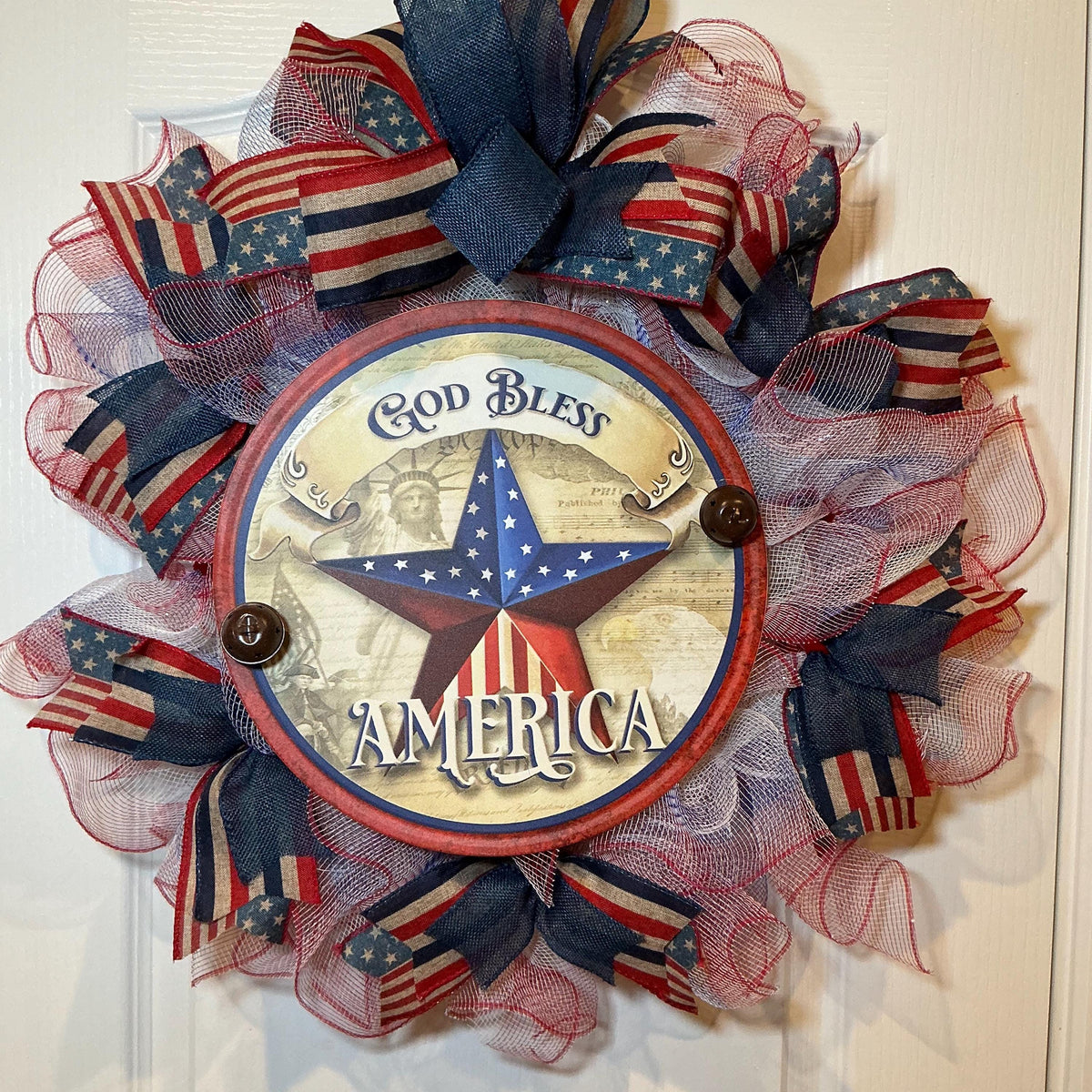 Star Sign deco mesh Wreath, God Bless America Fourth of July Red White Blue, 14 Inch Independence Day Handmade NC