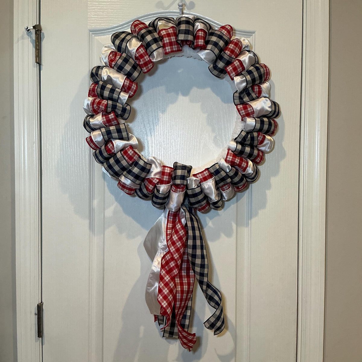 Buffalo Check Wreath, Red White Navy Ribbon Front Door Decor, Fourth of July Americana