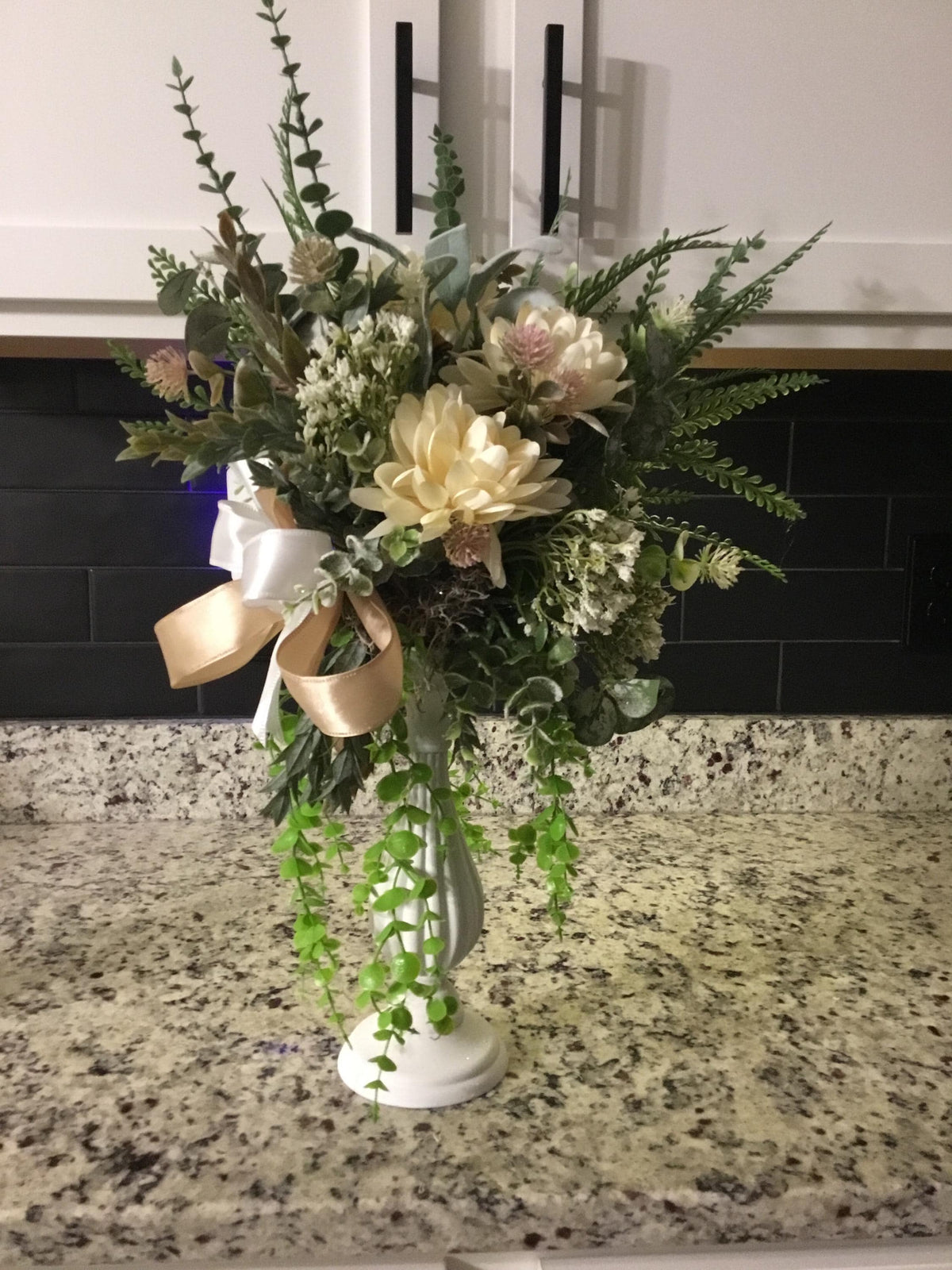 Handmade Ivory Floral Arrangement, Neutral Farmhouse Pedestal Centerpiece