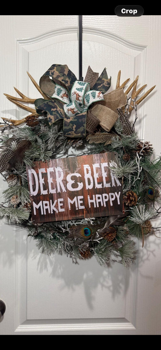 Deer and Beer Camo Wreath with Antlers, Hunter Man Cave Decor, Fathers Day Gift