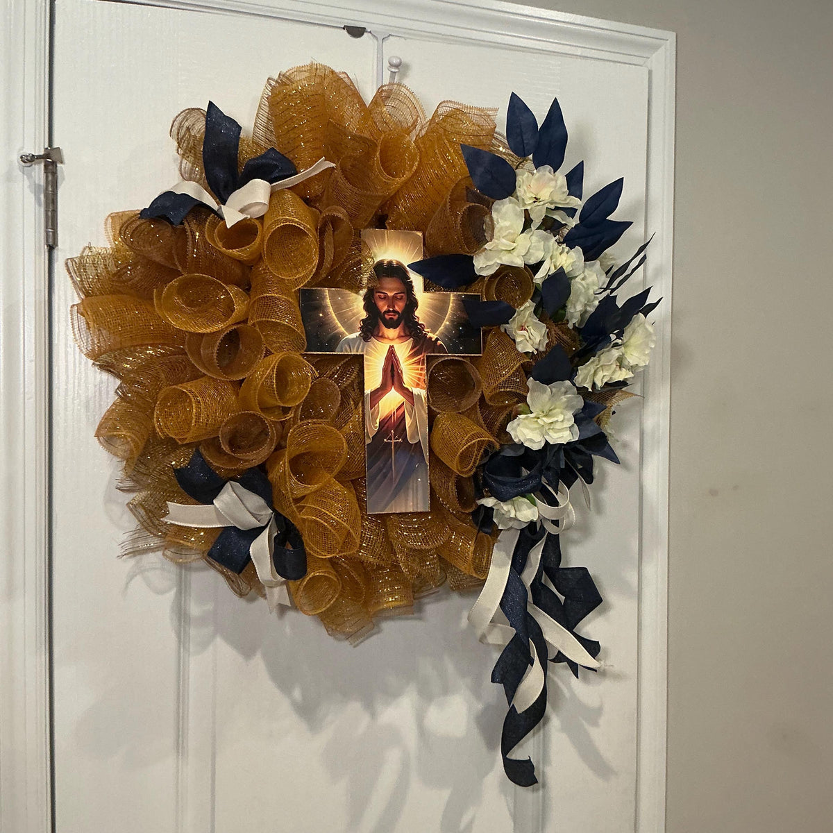 Sacred Heart of Jesus Wreath, Gold Mesh Cross Wreath, Navy Blue Religious Front Door Decor, Christian Faith Wreath, Catholic Gift Wreath
