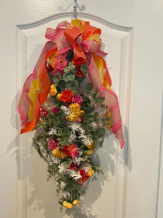 Handmade  Floral Door Swag, Silk Rose Swag, Hot Pink Yellow Red Roses, Eucalyptus Greenery, Front Door Decor, Housewarming