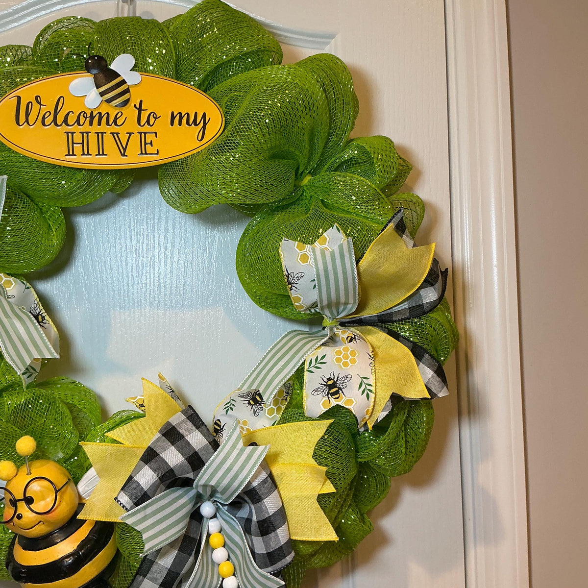 Welcome to My Hive Wreath, Bumble Bee & Buffalo Plaid Spring Summer Door Decor.