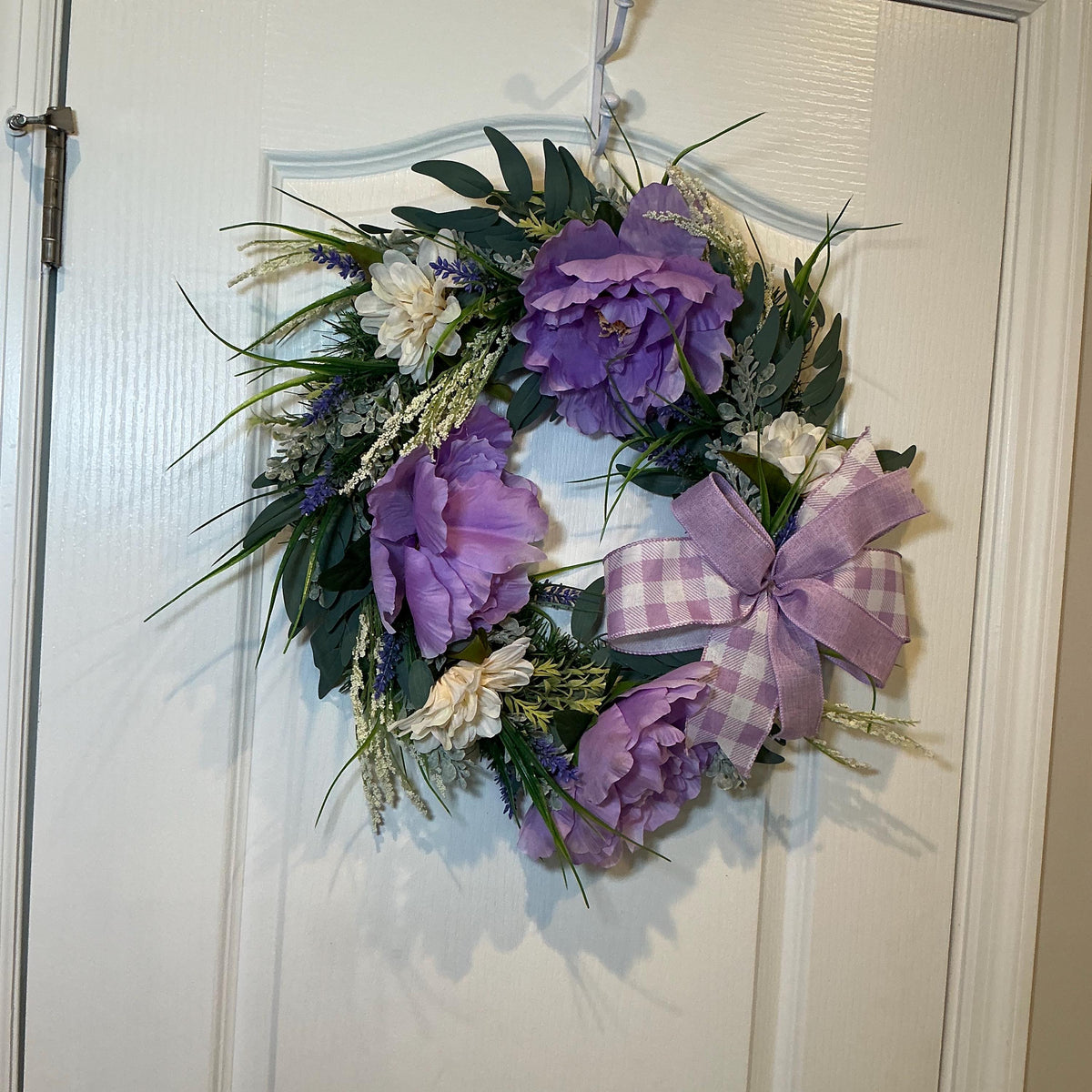 Lavender Peony Wreath, Farmhouse Floral Door Decor, Buffalo Plaid Bow