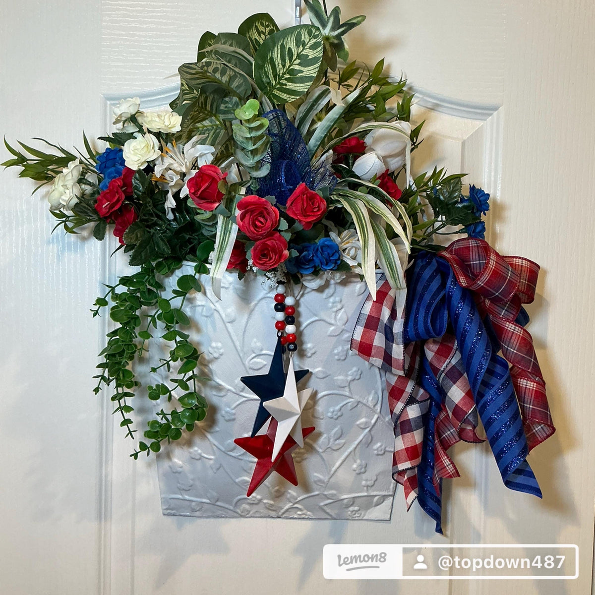 Wall Pocket Basket, Fourth of July Metal Planter, Red White Blue Floral Patriotic Front Door Decor