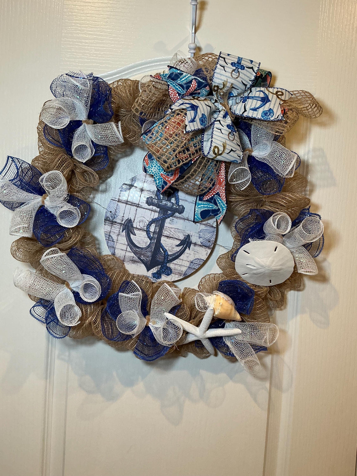 Coastal Anchor Wreath with Starfish and Sand Dollar, Navy Blue Nautical Door Decor
