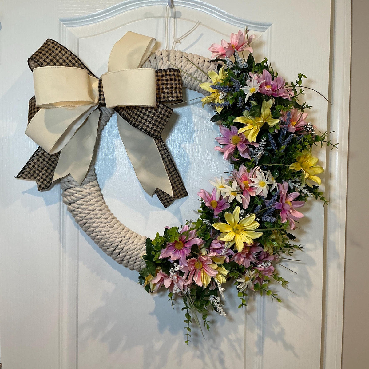 Wildflower Rope Wreath, 18 Inch Daisies Pink Lilies and Buffalo Check Bow