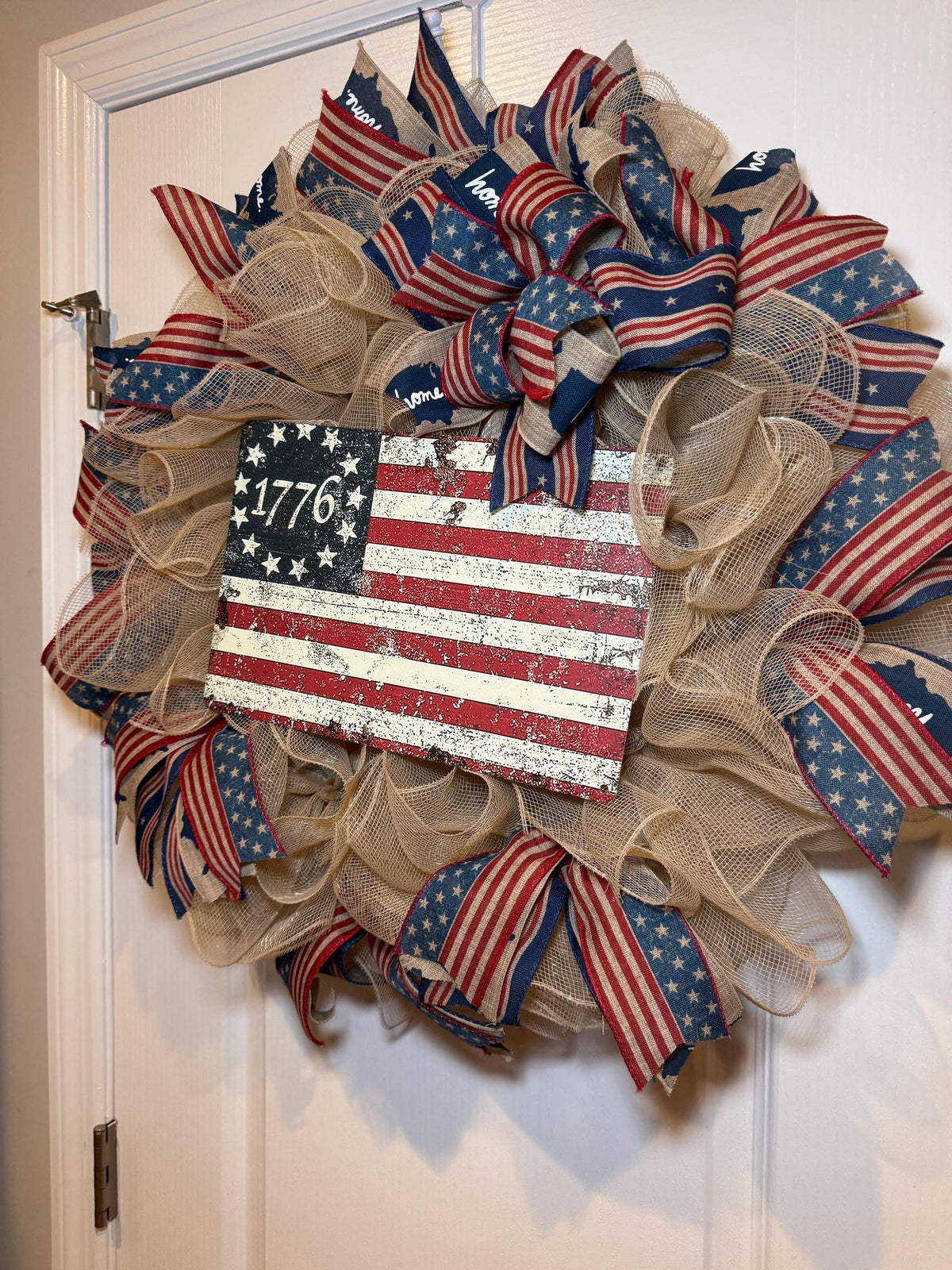 Betsy Ross Flag Wreath, Burlap Front Door Decor, Fourth of July Red White Blue, Memorial Day, Rustic Farmhouse Decor, Handmade NC