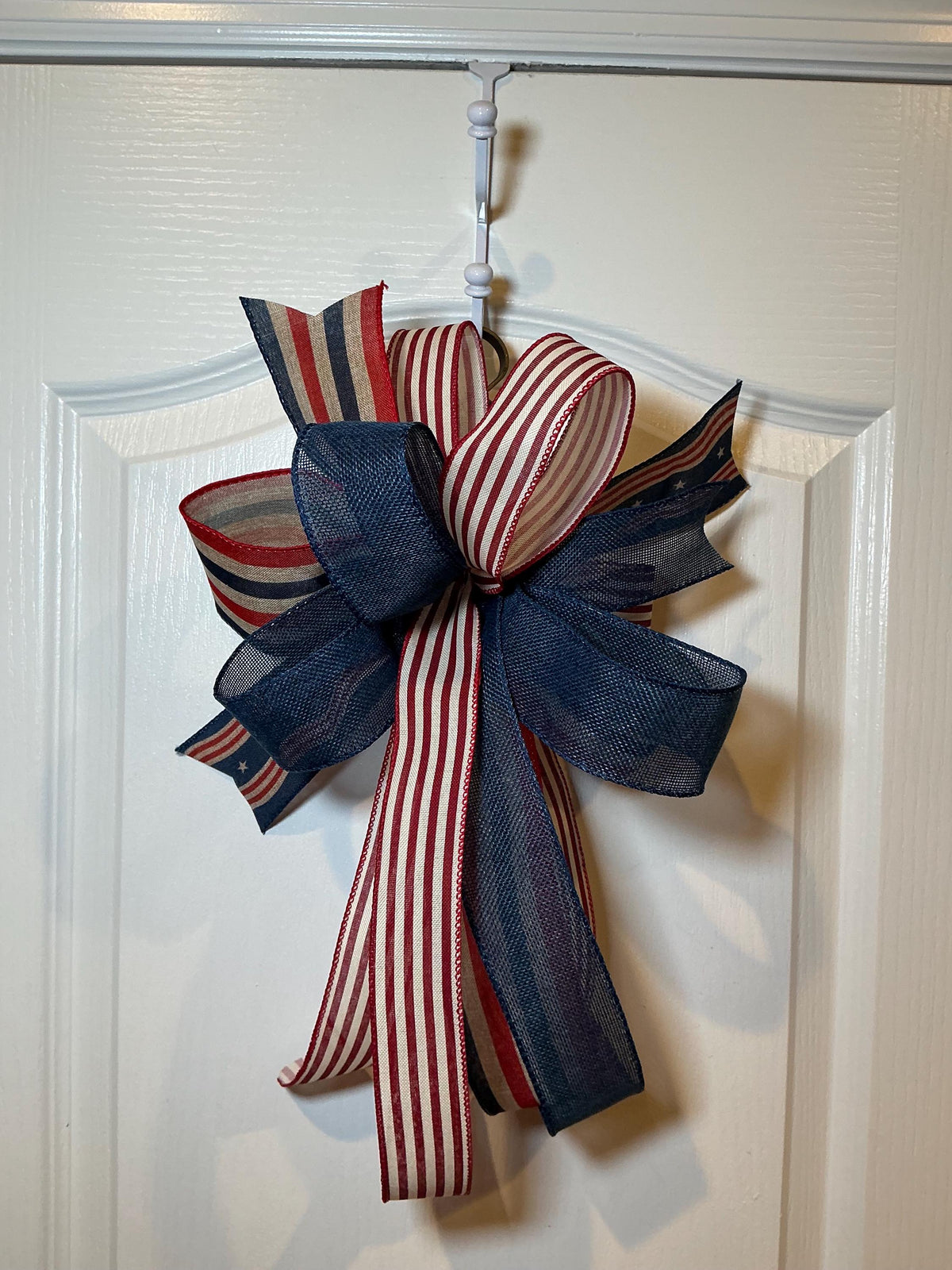 Patriotic Americana Bow, Red White Blue Wreath Decor, Lantern Topper