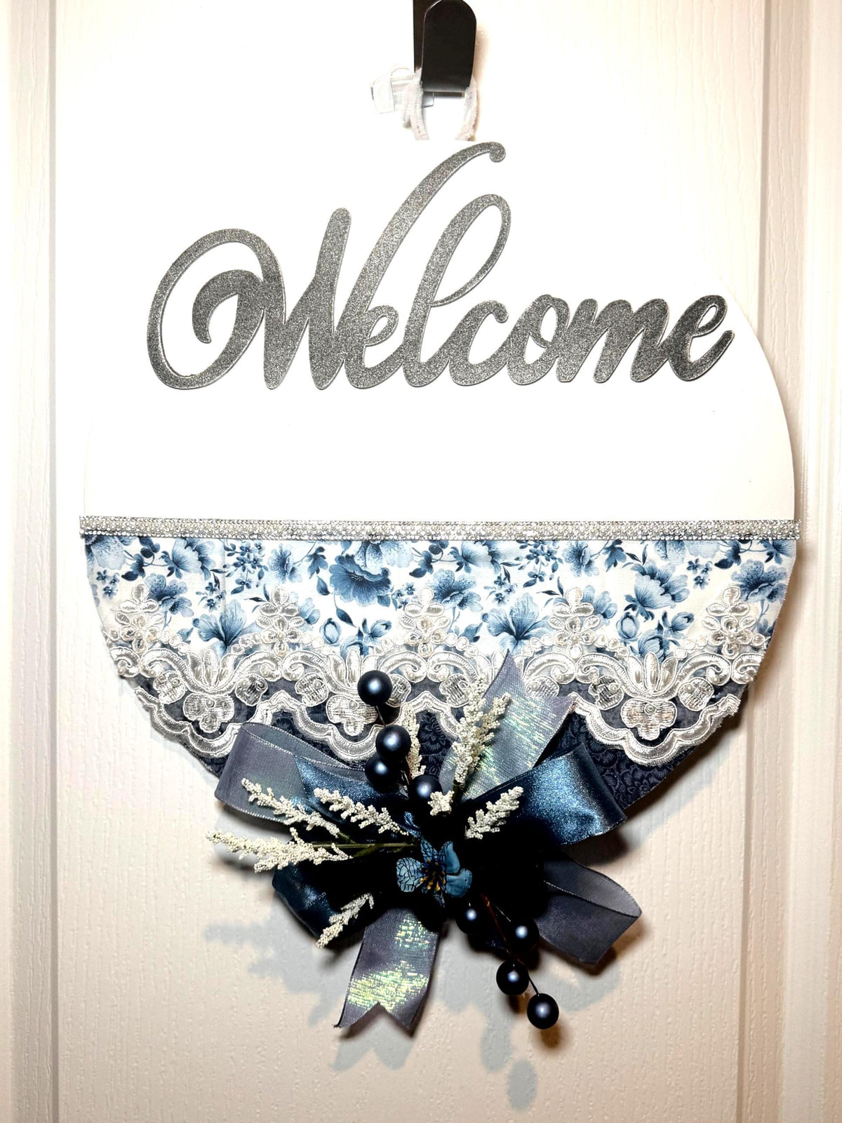 French Country Door Hanger with Blue Welcome Sign and Chinoiserie Florals