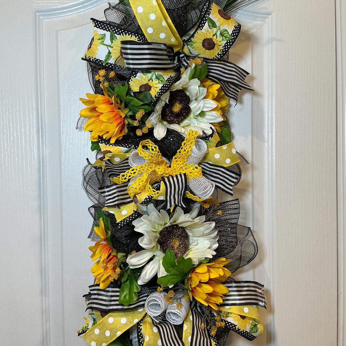 Handmade Sunflower Daisy Door Swag, Black White Stripe Polka Dot Ribbon, Summer Porch Decor