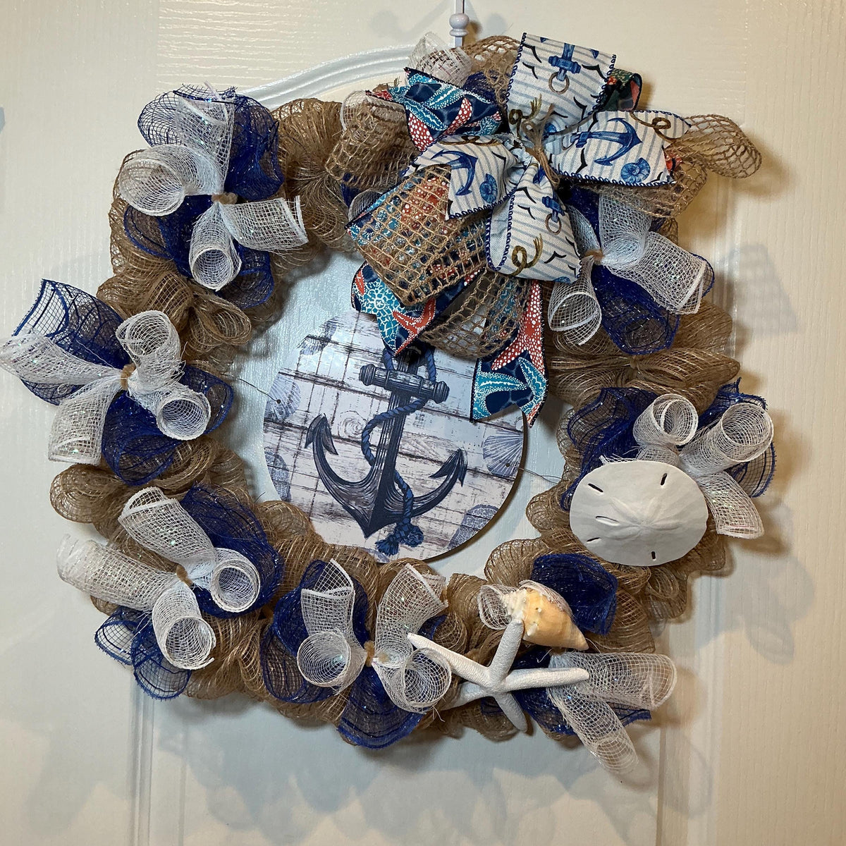 Coastal Anchor Wreath with Starfish and Sand Dollar, Navy Blue Nautical Door Decor