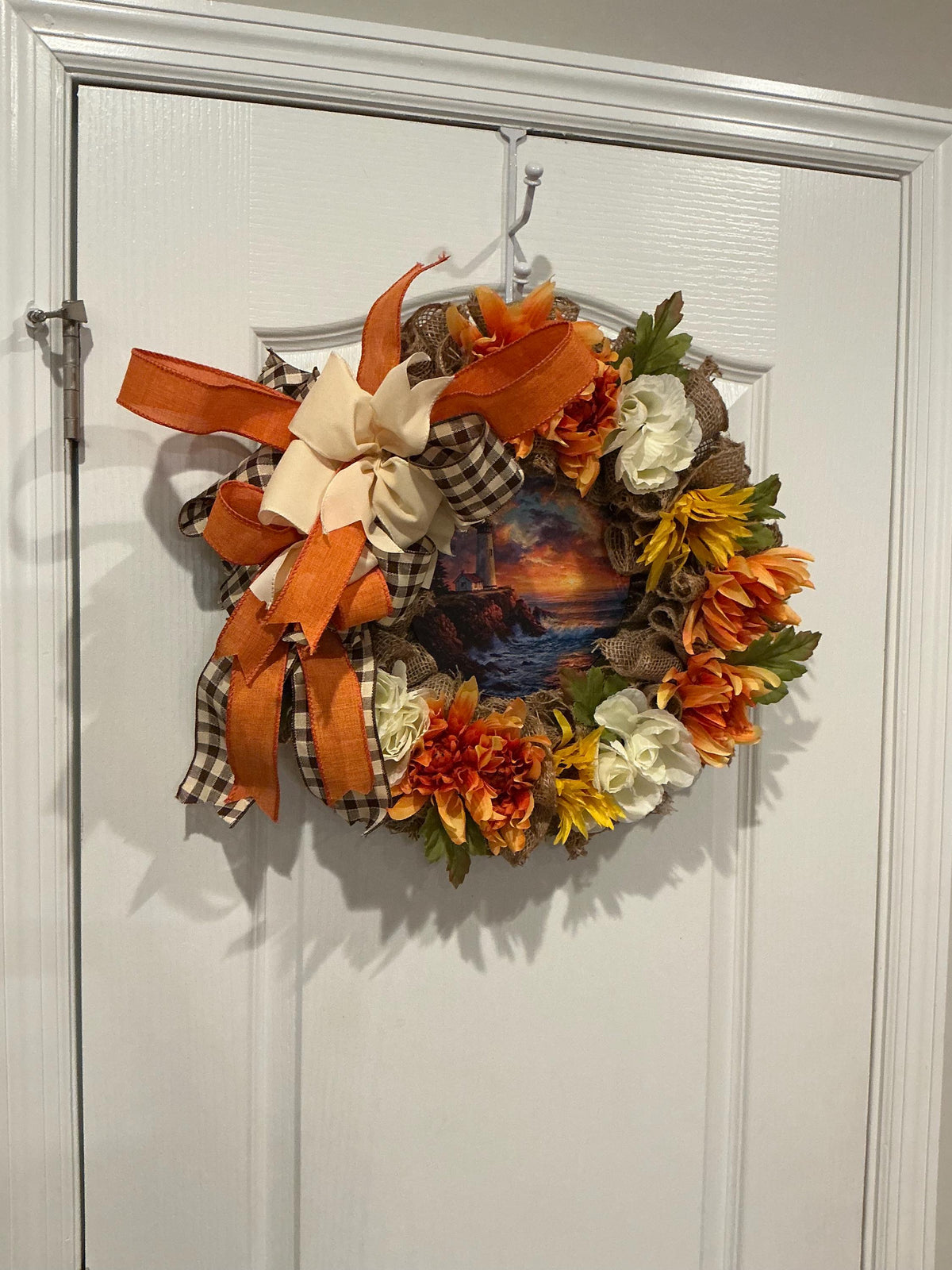 Lighthouse Sunset Coastal Wreath, 14 Inch Burlap Fall Door Decor