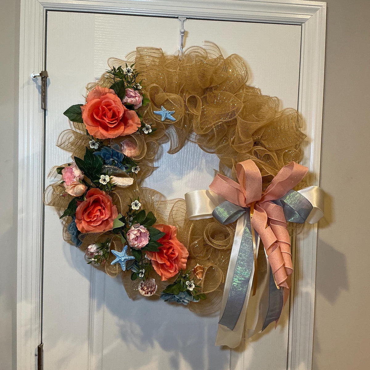 Gold Glitter Coastal Wreath, 18 Inch Dusty Blue Peach Florals with Seashells