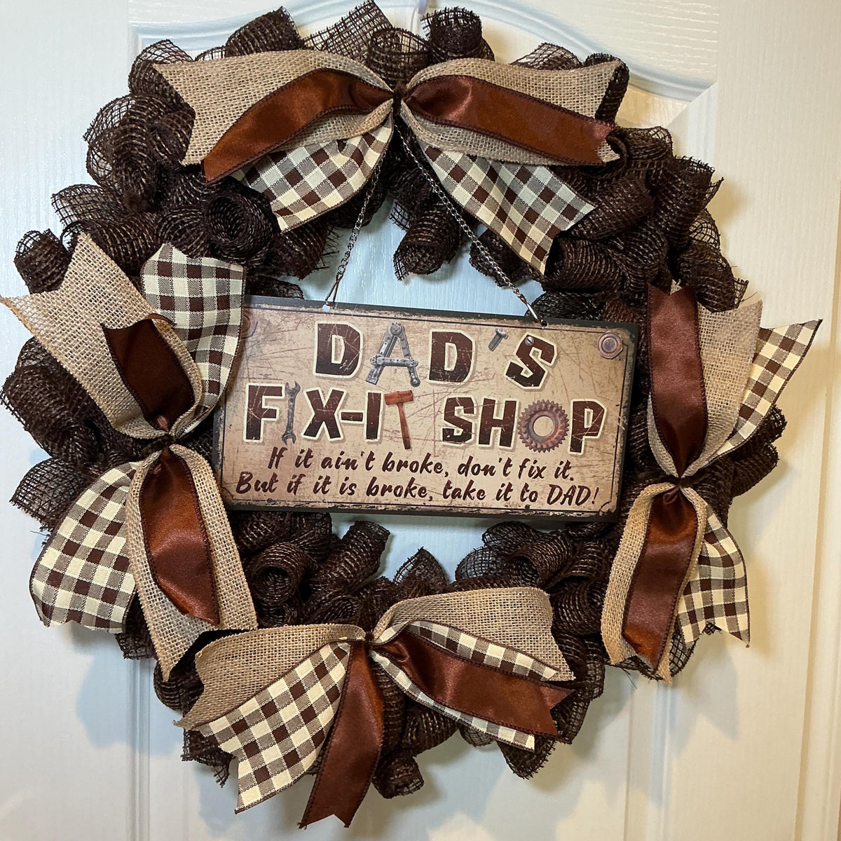 Fix-It Shop Sign Wreath, Dad’s Workshop Father’s Day Man Cave Decor, Handmade Brown Buffalo Check