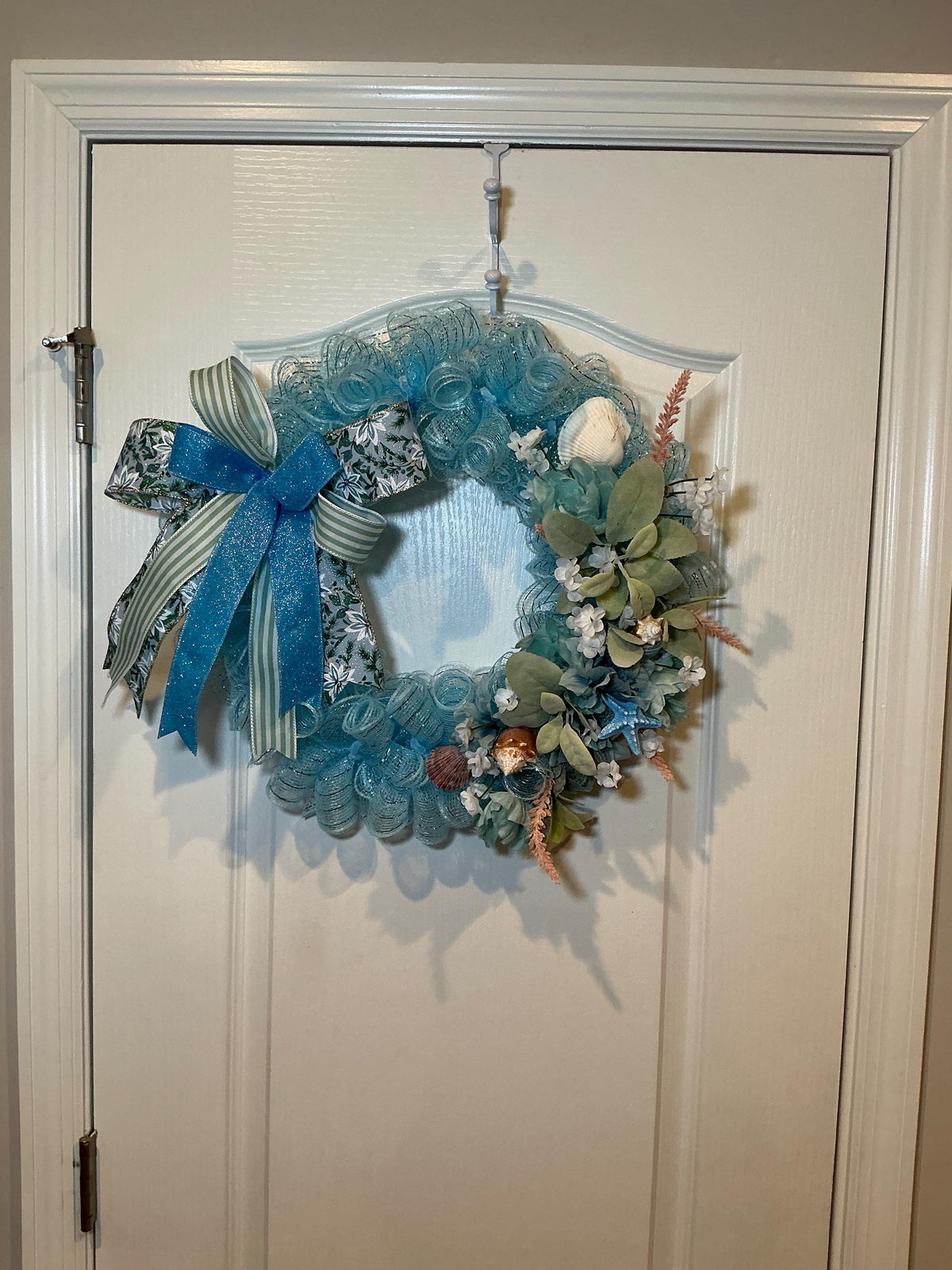 14 Inch Coastal Seashell Wreath for Storm Door with Blue Starfish and Teal Hydrangeas