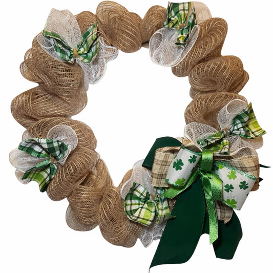 St Patrick’s Day Burlap Wreath / Rustic Green Shamrock Bow / Farmhouse Front Door Decor