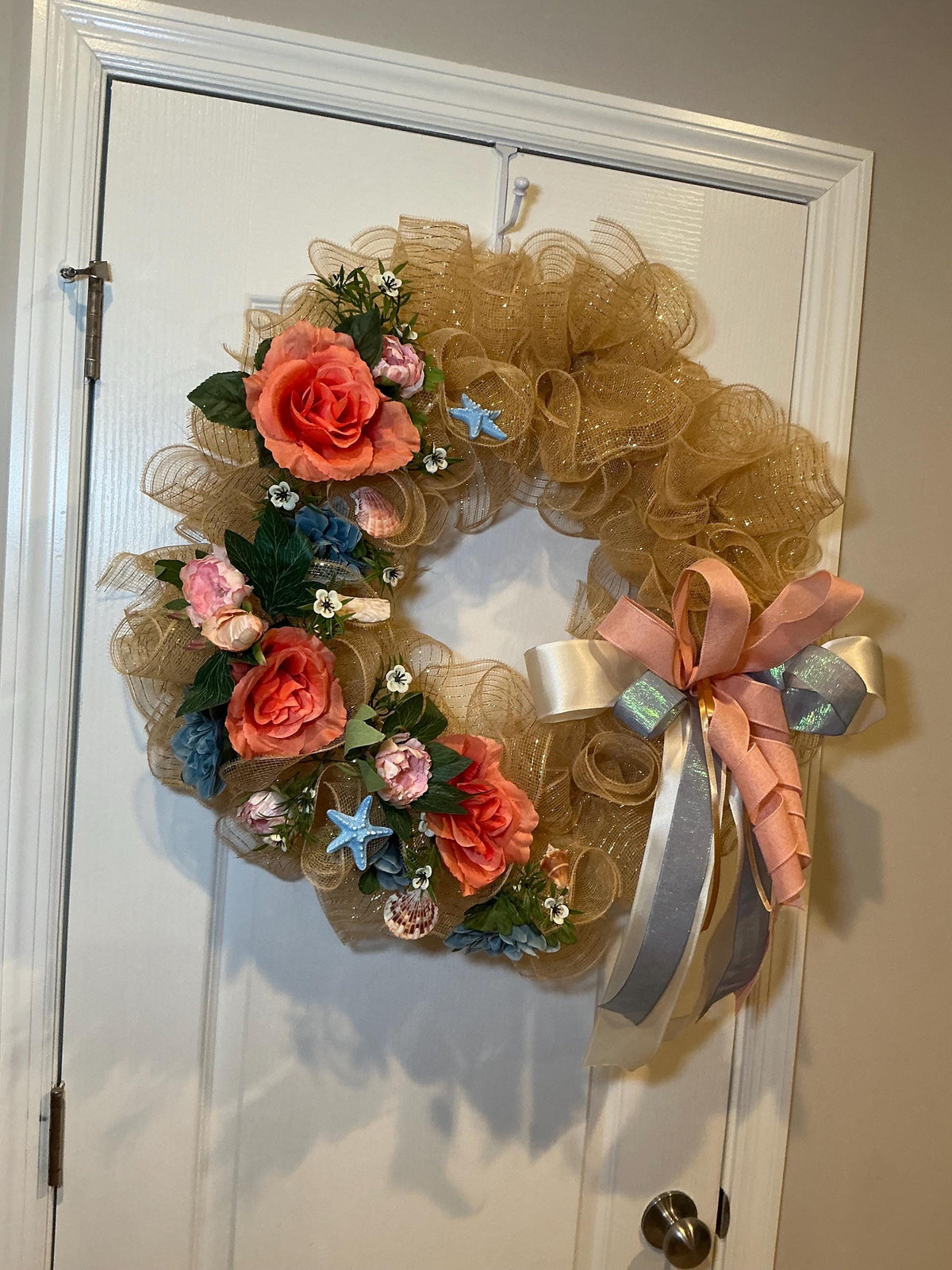Gold Glitter Coastal Wreath, 18 Inch Dusty Blue Peach Florals with Seashells