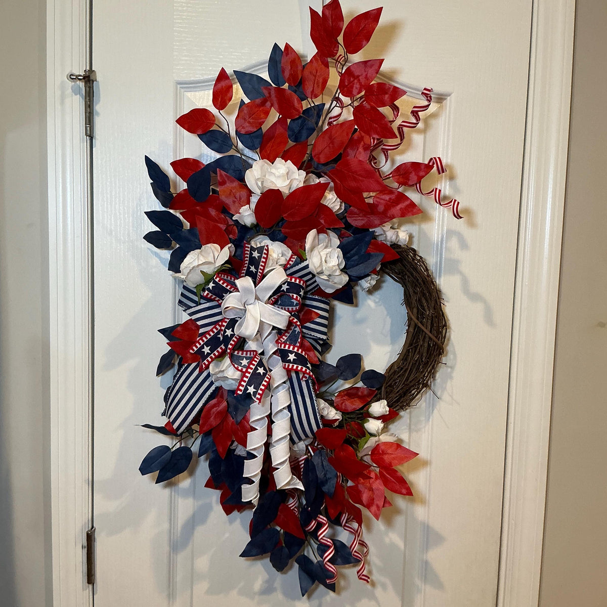 Patriotic Grapevine Wreath, Red White Blue Front Door Wreath, Americana Star Ribbon Bow, USA Summer Porch Decor.