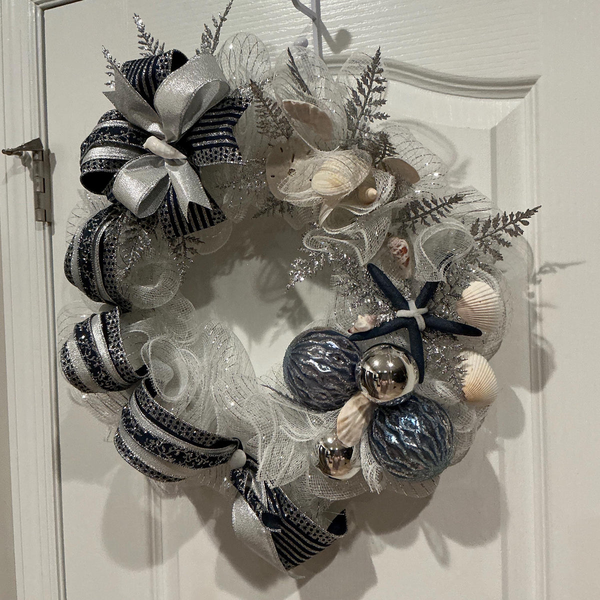 Navy Silver Coastal Christmas Wreath with Seashells and Starfish, Space Saver Door Decor